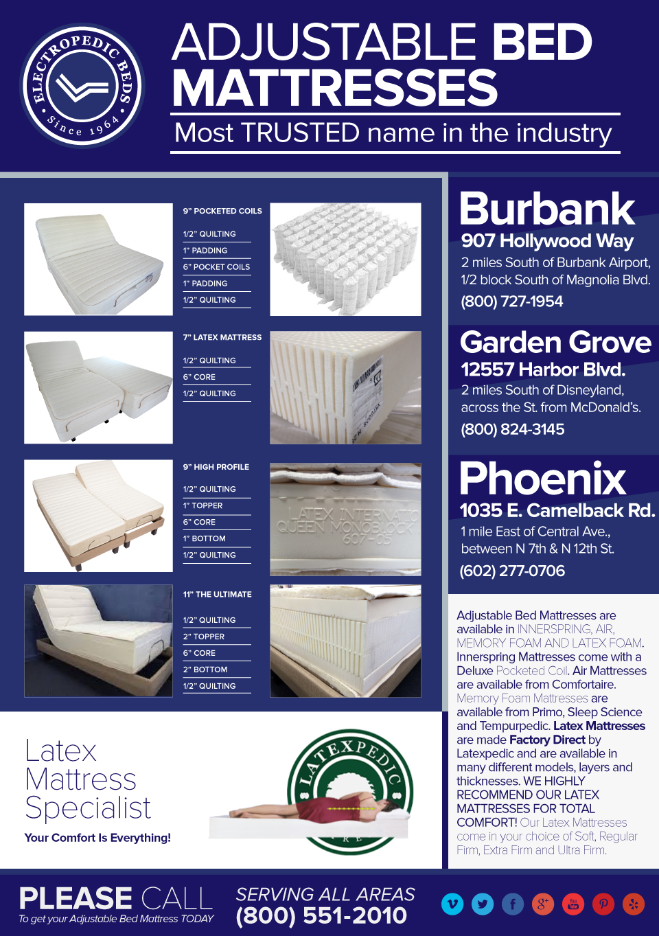 100% pure Talalay Latex Foam Natural Organic Mattress Phoenix AZ Electric Adjustable Bed Mattresses